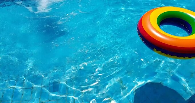 Rainbow Inflatable Ring Floating on Clear Blue Swimming Pool Water