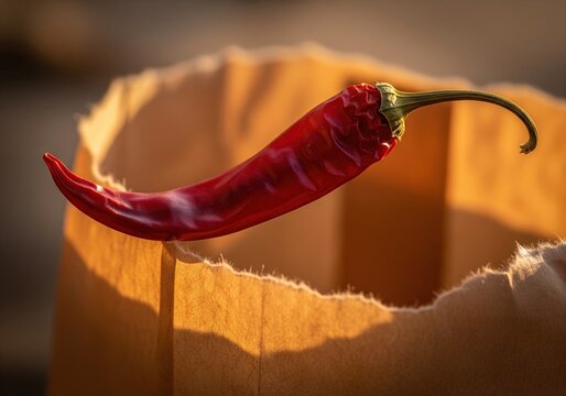 A single, dried red chili pepper resting on the edge of a rustic paper bag