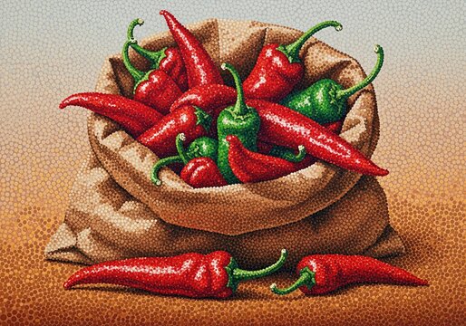 A woven sack overflowing with vibrant red and green chili peppers