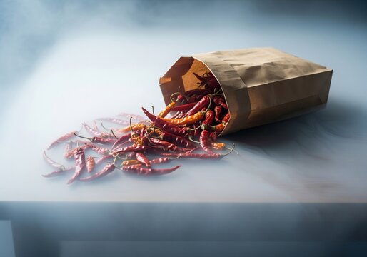 Dried red chili peppers spilling out of a brown paper bag on a smoky table