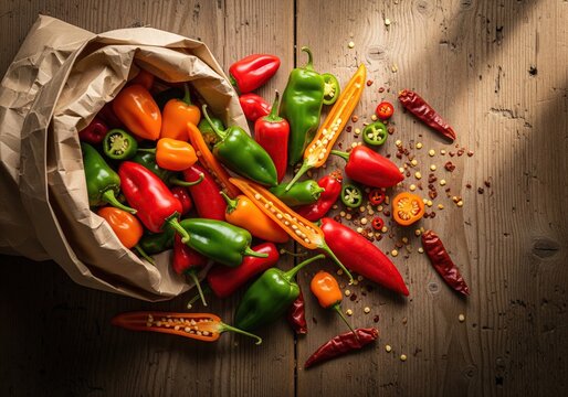 A bountiful harvest of colorful chili peppers spilling from a paper bag onto a rustic wooden table