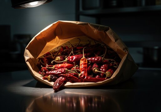 Overflowing bag of dried red chili peppers illuminated by a spotlight in a dark kitchen