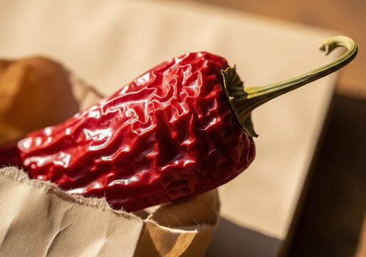 Close-up of a dried red chili pepper with a curled stem, resting inside a brown paper bag