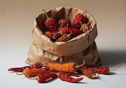 Harvest of dried red chili peppers spilling from a brown paper bag onto a white surface