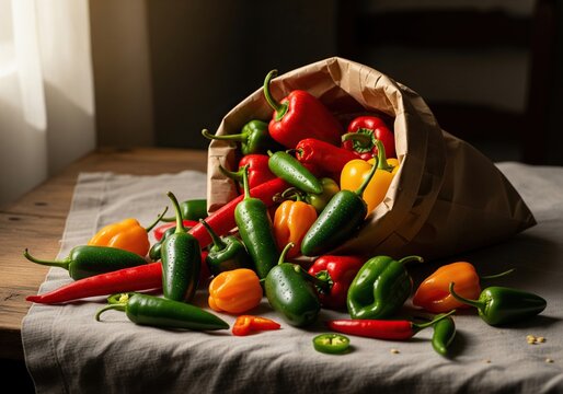 A vibrant assortment of fresh chili peppers spilling from a paper bag onto a rustic wooden table