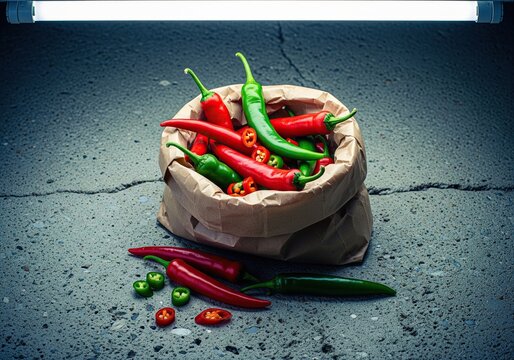 A paper bag overflowing with vibrant red and green chili peppers on a cracked concrete surface