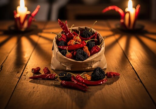A bag of dried chili peppers and mulberries on a wooden table with candles in the background