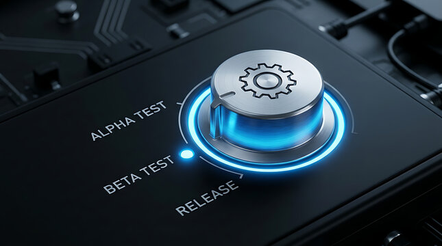 Futuristic control panel with rotary knob selecting beta test phase in software development cycle