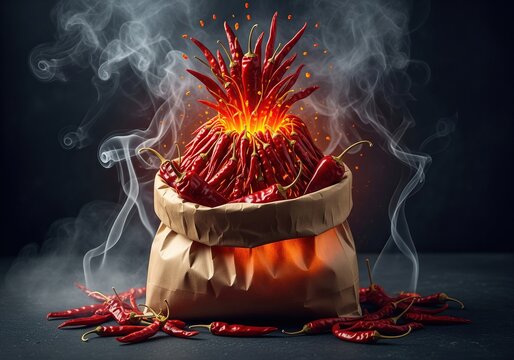 Exploding bag of fiery red chili peppers with smoke and embers
