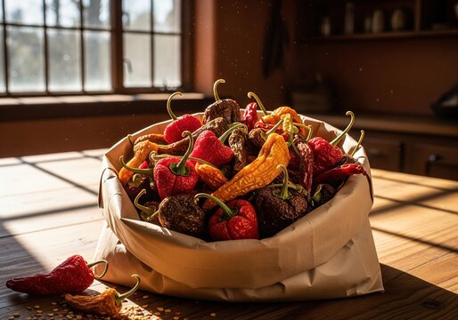A paper bag overflowing with dried chili peppers on a wooden table, bathed in sunlight