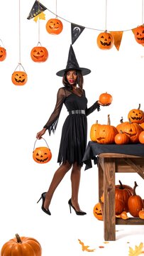 A woman in a black witch costume standing beside a table with pumpkins