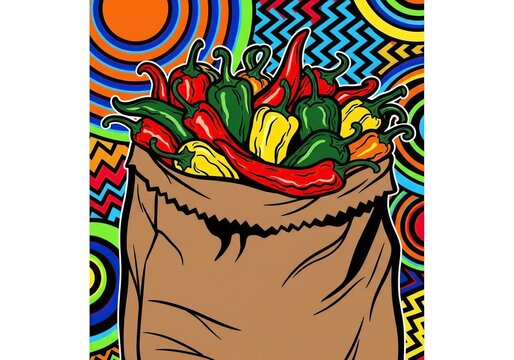 Vibrant paper bag overflowing with assorted colorful chili peppers against a psychedelic background