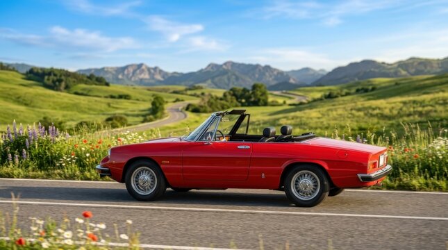 Vintage red convertible car driving on a scenic mountain road
