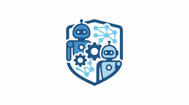 Shield emblem with robot and technology icons.