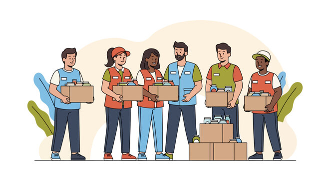 Diverse group of volunteers organizing and distributing donation boxes.