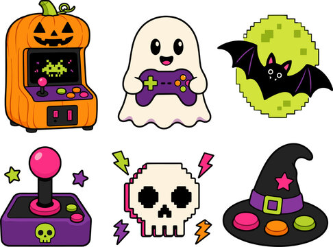 Cute Halloween icons with a retro gaming theme in vector illustration