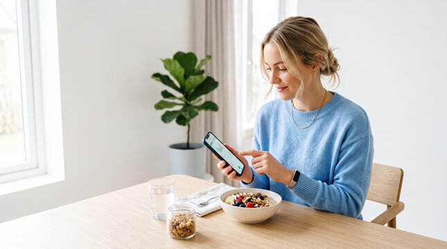 Young woman tracking calorie intake using smartphone next to a nutritious meal