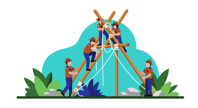 Group of people constructing a wooden structure together.