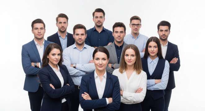 A diverse group of ten professional individuals, five men and five women, posing confidently in business attire against a white background.
