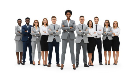 Obraz premium A diverse group of ten professionals, five men and five women, standing confidently in business attire with arms crossed, showcasing a mix of ethnicities and styles.