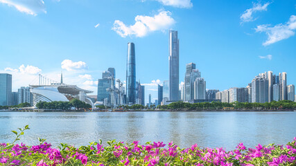 Chicago Skyline with Lake Michigan and Waterfront Flowers © TruongThi