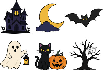 Fototapeta premium Spooky Halloween icons with bat moon haunted house ghost tree and pumpkin for festive decoration designs