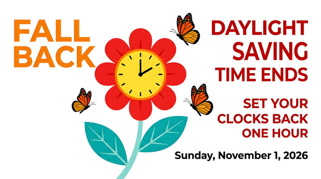 Fall back clock adjustment reminder with autumn leaves, november 1, 2026 yellow