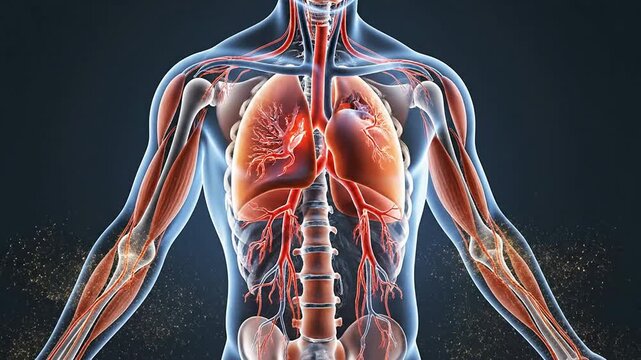 Detailed View of Transparent Human Body Anatomy Highlighting Lungs and Circulatory System for Medical and Physiology Concepts in 4K Quality