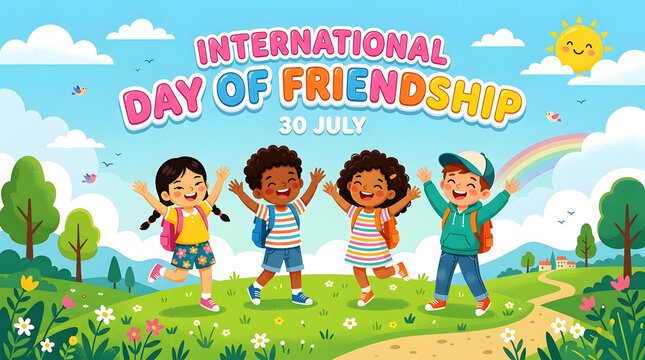 Four children holding hands, smiling, celebrating international friendship day outdoors