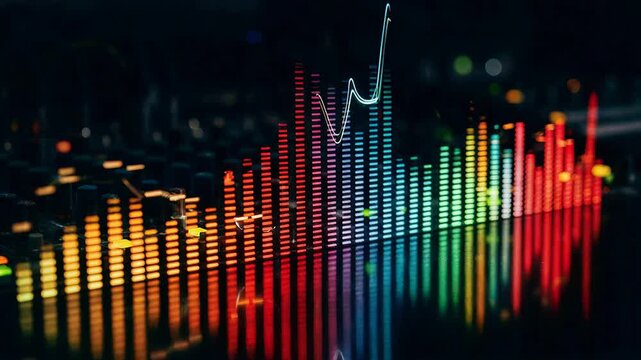 Colorful spectrum audio visualizer on digital equalizer display. Music signal waveform processing, rhythmic sound level animation, futuristic electronic technology.