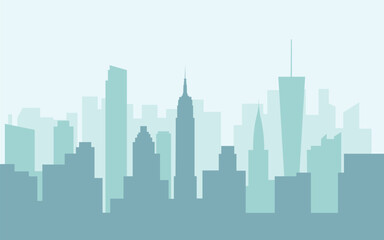 Fototapeta premium City skyline silhouette vector illustration with modern skyscrapers cityscape background. Flat design of simple urban panoramic vista banner, light blue monochrome architecture skyline landscape.
