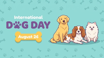 Fototapeta premium International Dog Day banner with cute cartoon dogs on a seamless paw pattern background