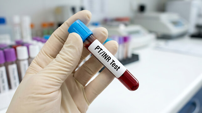 Hand holding a test tube of blood for a PT/INR test in a laboratory setting