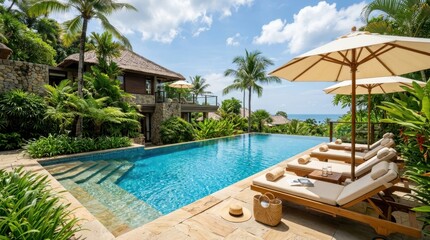 Fototapeta premium Infinity pool at a luxury tropical resort villa with sun loungers