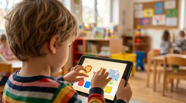 Child Learning on Tablet in Classroom