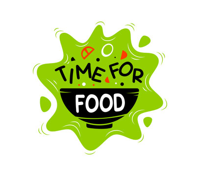 Time for food icon for kitchen cook and restaurant cuisine or food bistro bar menu emblem. Green sign of dish bowl with vegetable slices salad for vegetarian cuisine or vegan fast food canteen