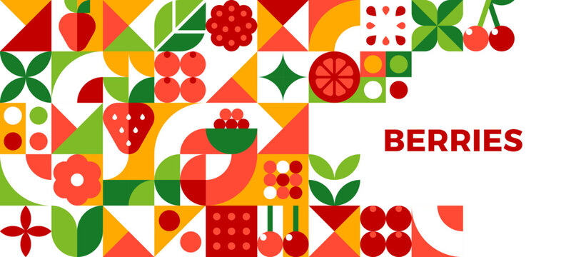 Ripe berry fruits banner with geometric mosaic Bauhaus pattern. Farm sweet berries flyer or card. Agriculture banner with cherry, strawberry and cranberry Bauhaus colorful abstract shapes and ornament