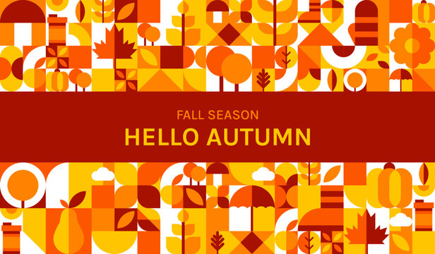 Autumn season poster with Autumnal geometric Bauhaus pattern. Fall season textile Bauhaus background, Thanksgiving backdrop. Autumn seamless pattern with yellow and orange leaves, fruits, vegetables