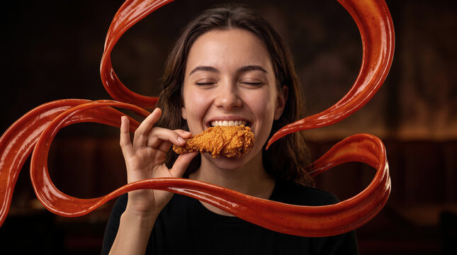 Young Woman Enjoying Crispy Fried Chicken with Dynamic Sauce Splash, Fast Food Advertising Concept, Dark Background