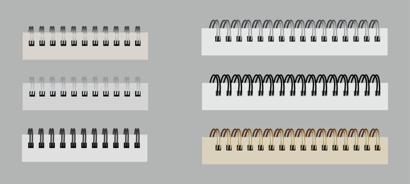 Notebook spiral wire binding borders set with realistic metal and plastic combs on paper edge. Vector illustration of abstract 3D stationery calendar ring binder, iron spring coil clip template.