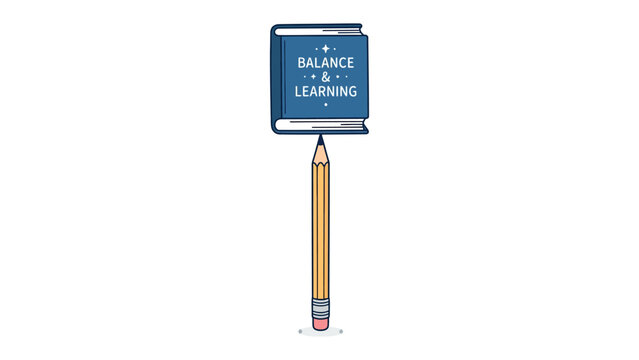 Balance and Learning: A single pencil perfectly balances a blue book with the words Balance & Learning inscribed on its cover, symbolizing the delicate equilibrium between knowledge and understanding.