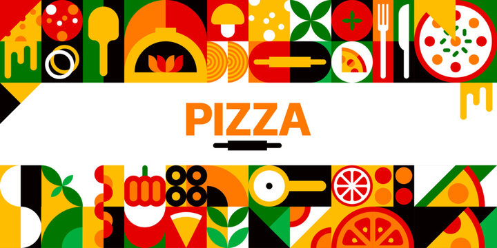 Italian pizza poster with geometric fast food pattern. Mosaic pattern featuring pizza slices, mushrooms, tomatoes, olives and rolling pin. Vibrant red, yellow, green poster for pizzeria branding