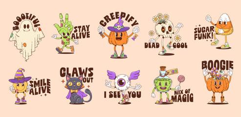 Fototapeta premium Halloween y2k groovy stickers set. Cartoon vector cute and spooky characters like ghost, pumpkins, black cat, eyeball, smile and candy corn, retro y2k personages for festive playful seasonal patches