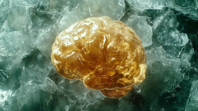 Three-dimensional human brain render with translucent amber texture embedded in a jagged teal crystalline mineral background representing neuroscience, neurology, and biological research.