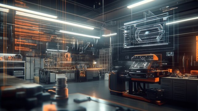 Double exposure image of a 3D printer in a modern workshop with glowing digital schematics, technical blueprints, and orange light trails in a high-tech laboratory environment.