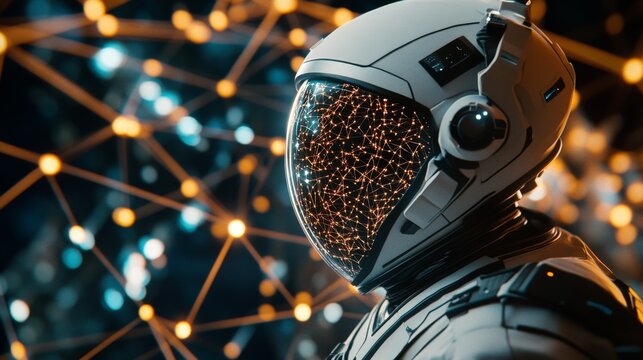 Side view of a modern astronaut helmet with a luminous gold constellation network reflecting on the visor, set against a dark blue background with blurred bokeh data connections.