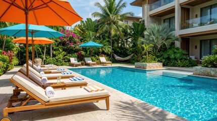 Fototapeta premium Swimming pool area with lounge chairs and umbrellas at luxury resort