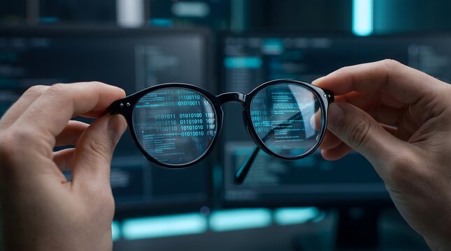 Hands holding glasses reflecting binary code on computer screens