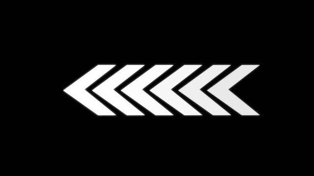 White colour right to left arrow icon animation on black background, glowing directional arrow loop animation swipe left pointing video footage.
