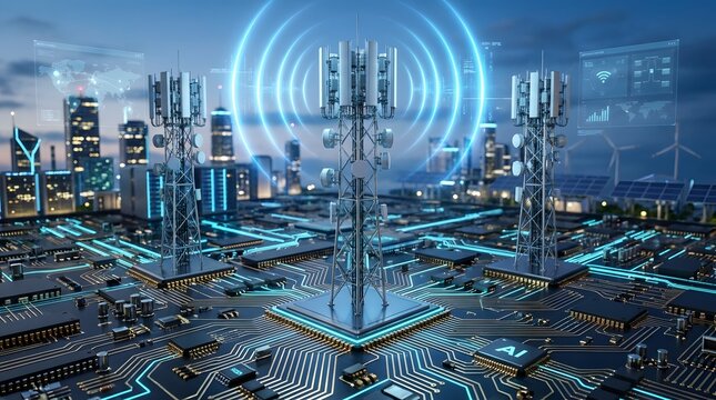 Telecommunication cell towers radiating glowing signals on a computer circuit board highlighting 5G network and smart city connectivity